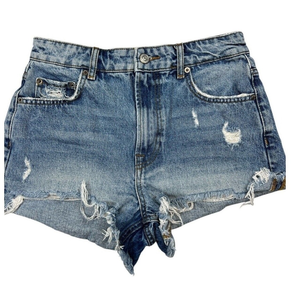 ZARA Women's Denim Shorts Size 4 High Rise Blue Distressed Frayed Hem Cutoff